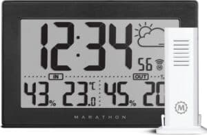 Marathon- Geneva- Wandklok/bureauklok- Grote cijfers- Binnen-en buitentemperatuur- Binnen-en buitenvochtigheidsgraad- Geleverd met thermo-hygrosensor- Verbinding Tot 3 sensoren- Radiogestuurde klok-Proudly Canadian