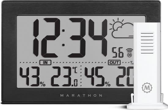 Marathon- Geneva- Wandklok/bureauklok- Grote cijfers- Binnen-en buitentemperatuur- Binnen-en buitenvochtigheidsgraad- Geleverd met thermo-hygrosensor- Verbinding Tot 3 sensoren- Radiogestuurde klok-Proudly Canadian