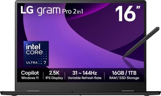 LG Gram Pro 16T90TP-G Intel Core Ultra 7 255H Hybride (2-in-1) 40,6 cm (16″) Touchscreen WQXGA 16 GB LPDDR5x-SDRAM 1 TB SSD Wi-Fi 7 (802.11be) Windows 11 Home Brits Engels Zwart