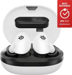 SteelSeries Arctis GameBuds White — Quick-Switch 2.4-GHz + Bluetooth 5.3 — Actieve Noisecancellation (ANC) — Mobiele app met audiopresets — Waterbestendig IP55 — 40 uur accuduur met Qi-oplaadcase — PC, PS4 & PS5